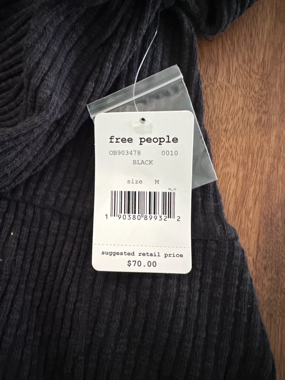 Free People Black Ribbed Henley with Wood Buttons
